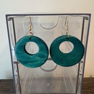 Teal Wooden Open Circle Drop Earrings | Statement Earrings | Item 0349